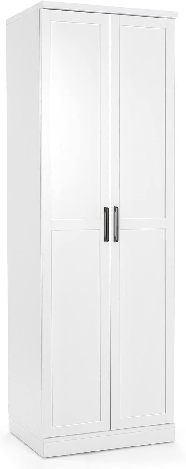 White Tall Wooden Storage Cabinet with Adjustable Shelves & Double Doors