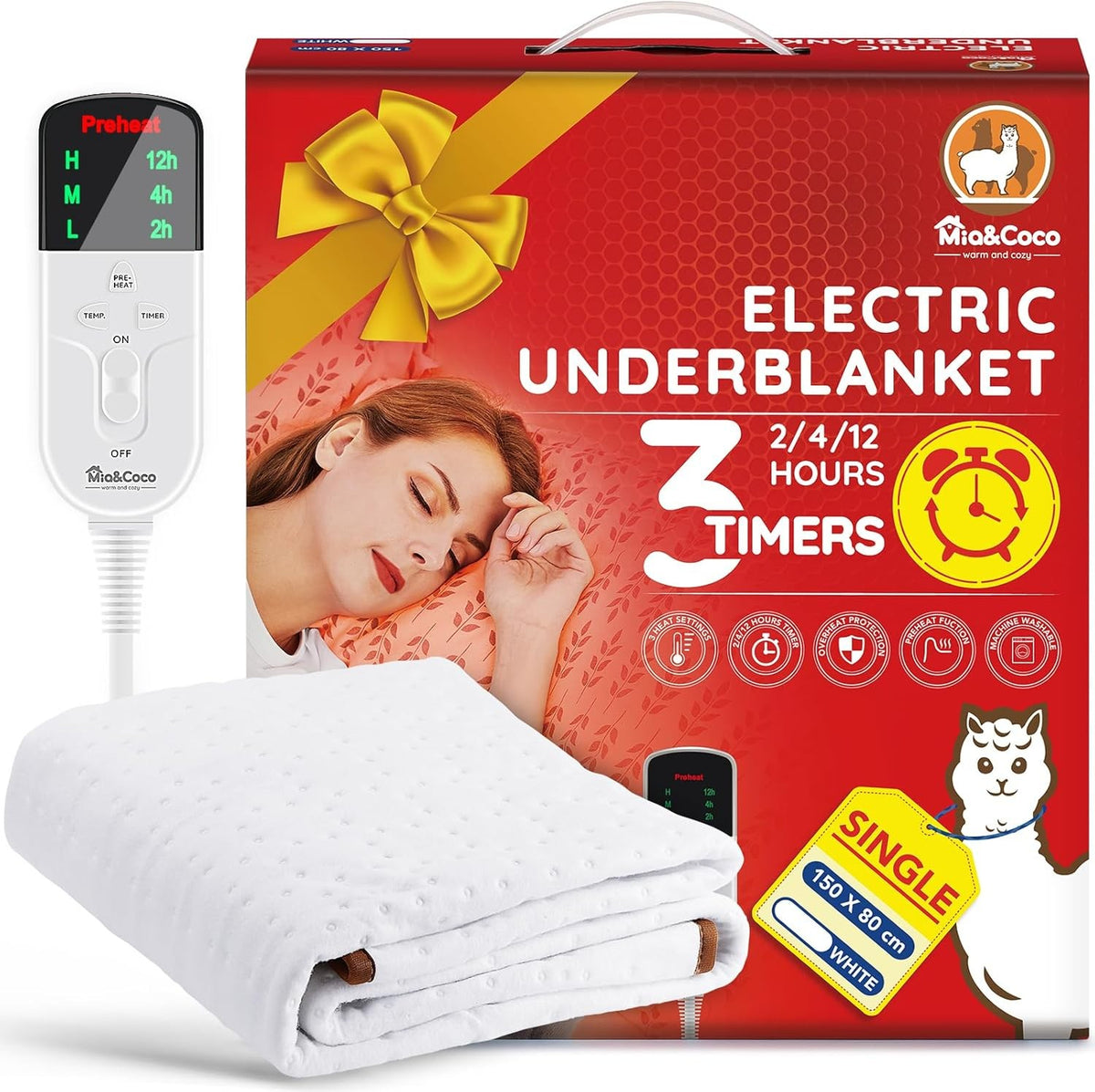 Single Electric Underblanket Fast Heat 12hr Timer Washable Mattress Warmer