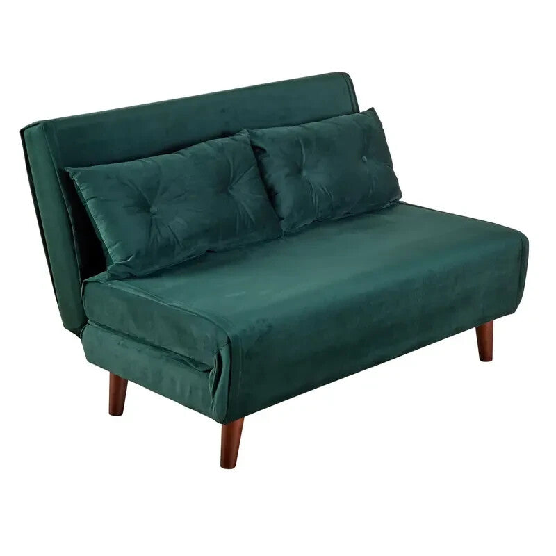 Green Velvet Double Sofa Bed 2 Seater w/ Pillows Fold Out Guest Sleeper