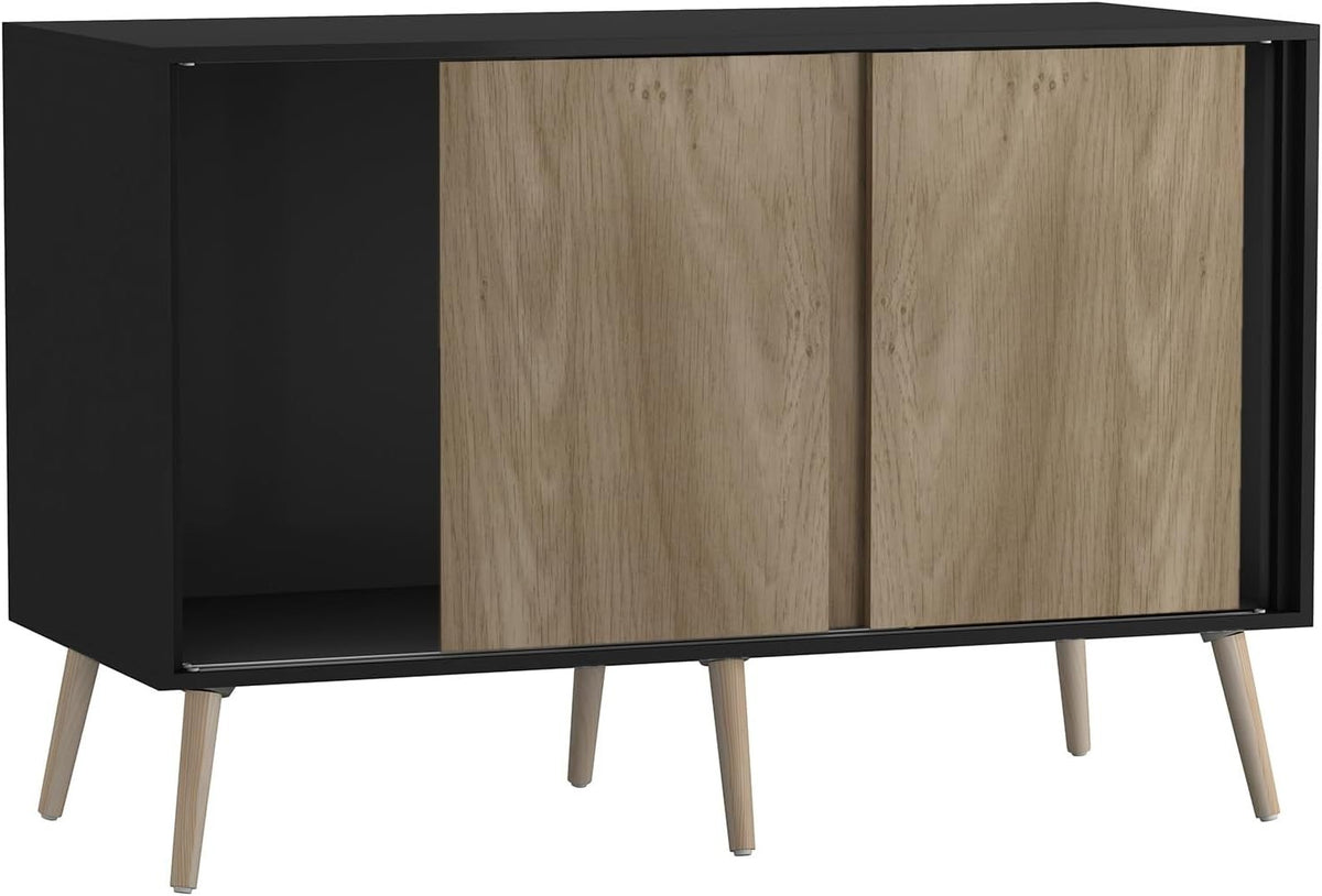 Modern 3-Door Sliding Sideboard Cabinet with Oak Doors & Wooden Pine Legs