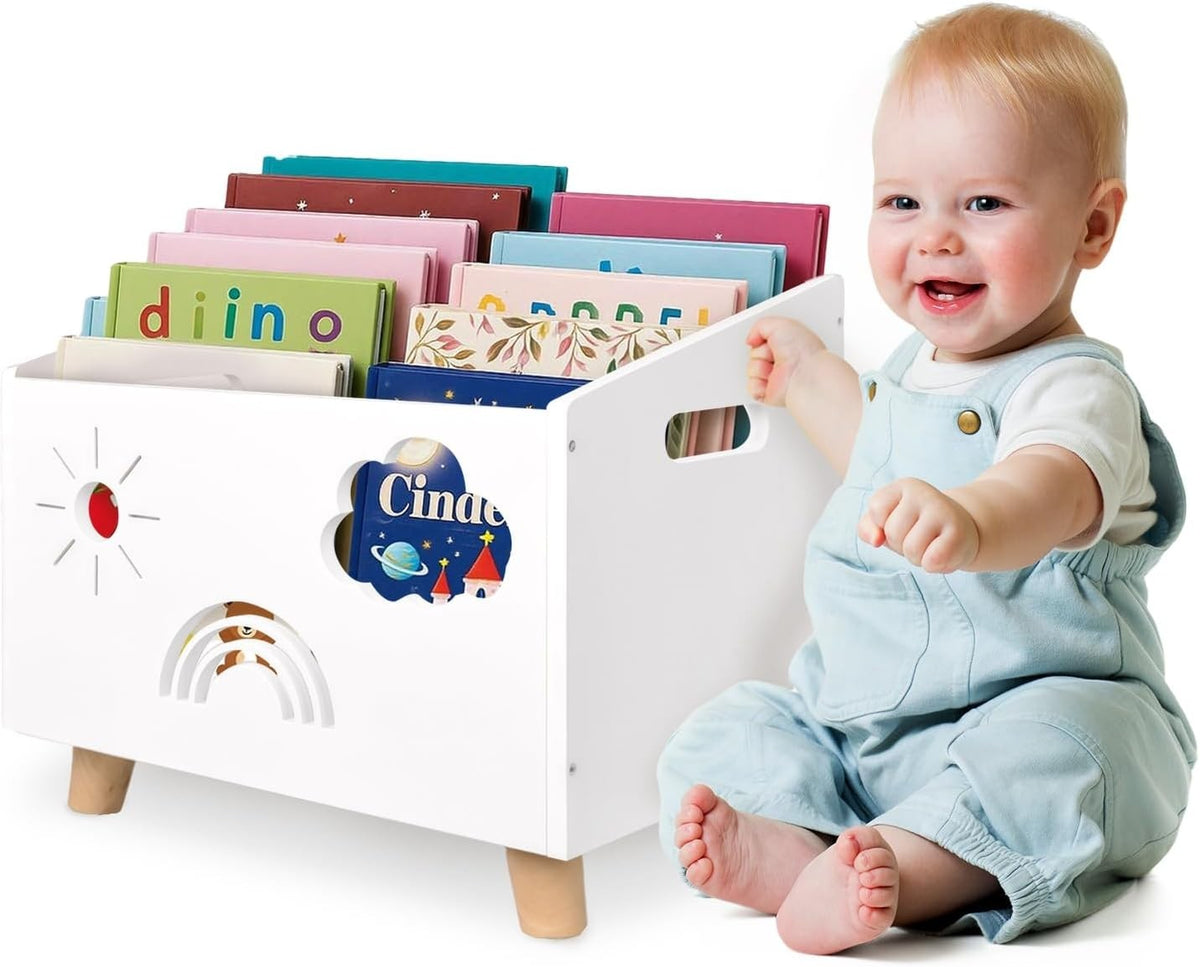 Wood Kids Bookshelf with Adjustable Dividers Montessori Toddler Book Rack
