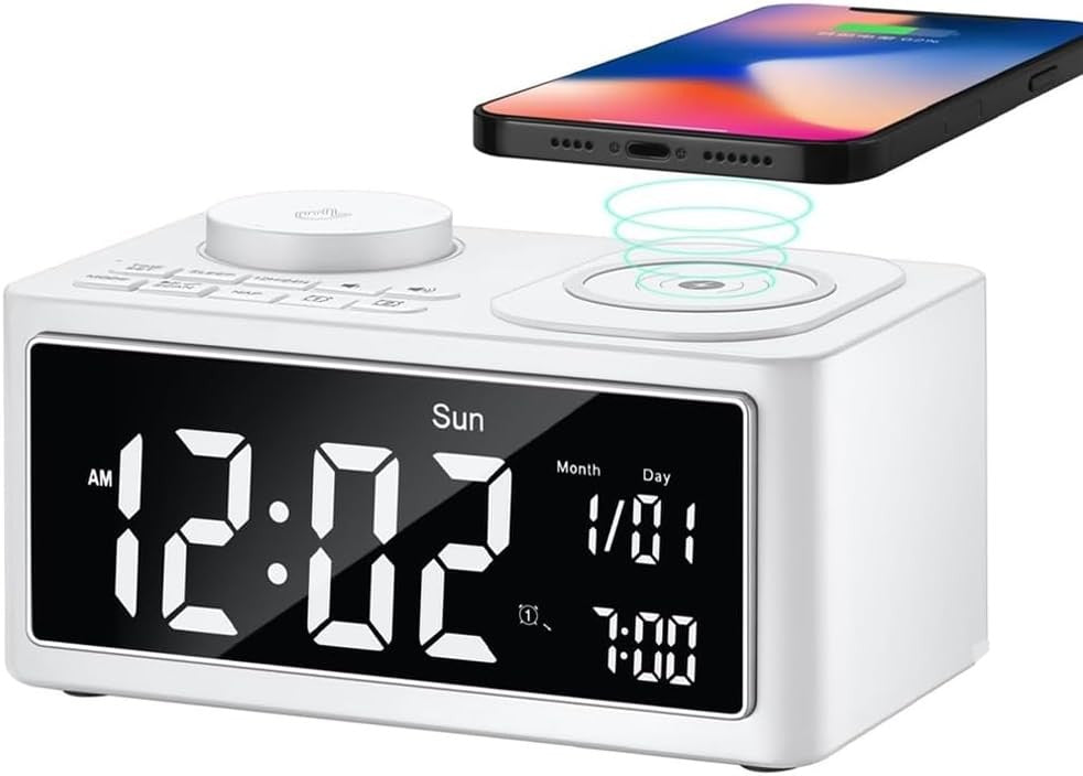 Wireless Charging Alarm Clock Bluetooth Speaker FM Radio LED Night Light