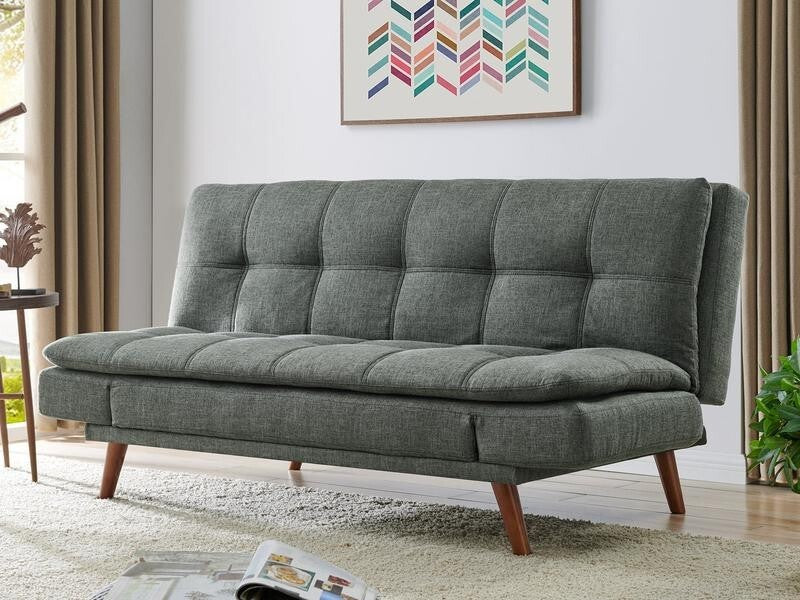 Grey 3 Seater Sofa Bed Click Clack | Tufted Fabric Adjustable Armrests