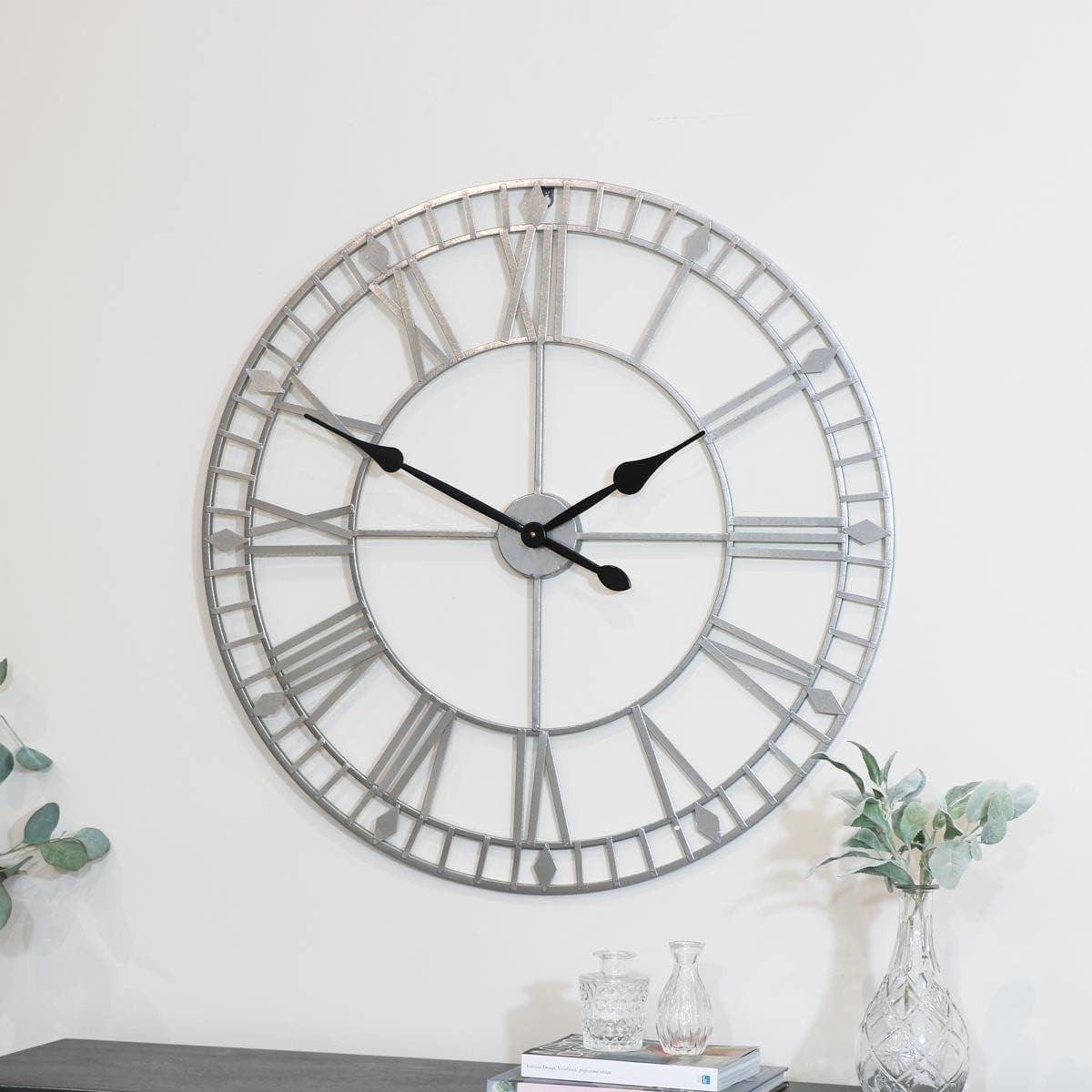 Extra Large Silver Wall Clock Vintage Industrial Skeleton 80cm Silent