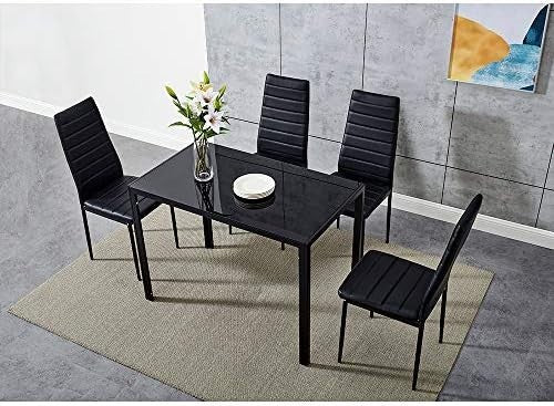 Modern Black Glass 120x80cm Dining Table Set with 4 Faux Leather Chairs