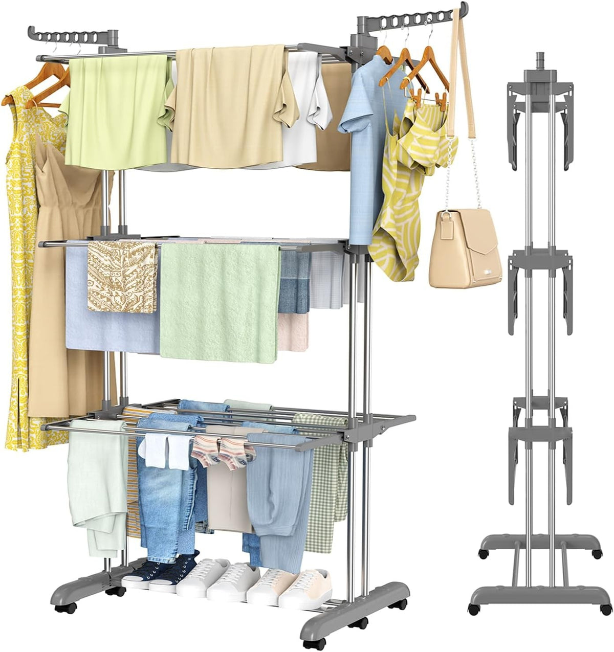 4 Tier Clothes Airer Folding Drying Rack With Wheels Stainless Steel