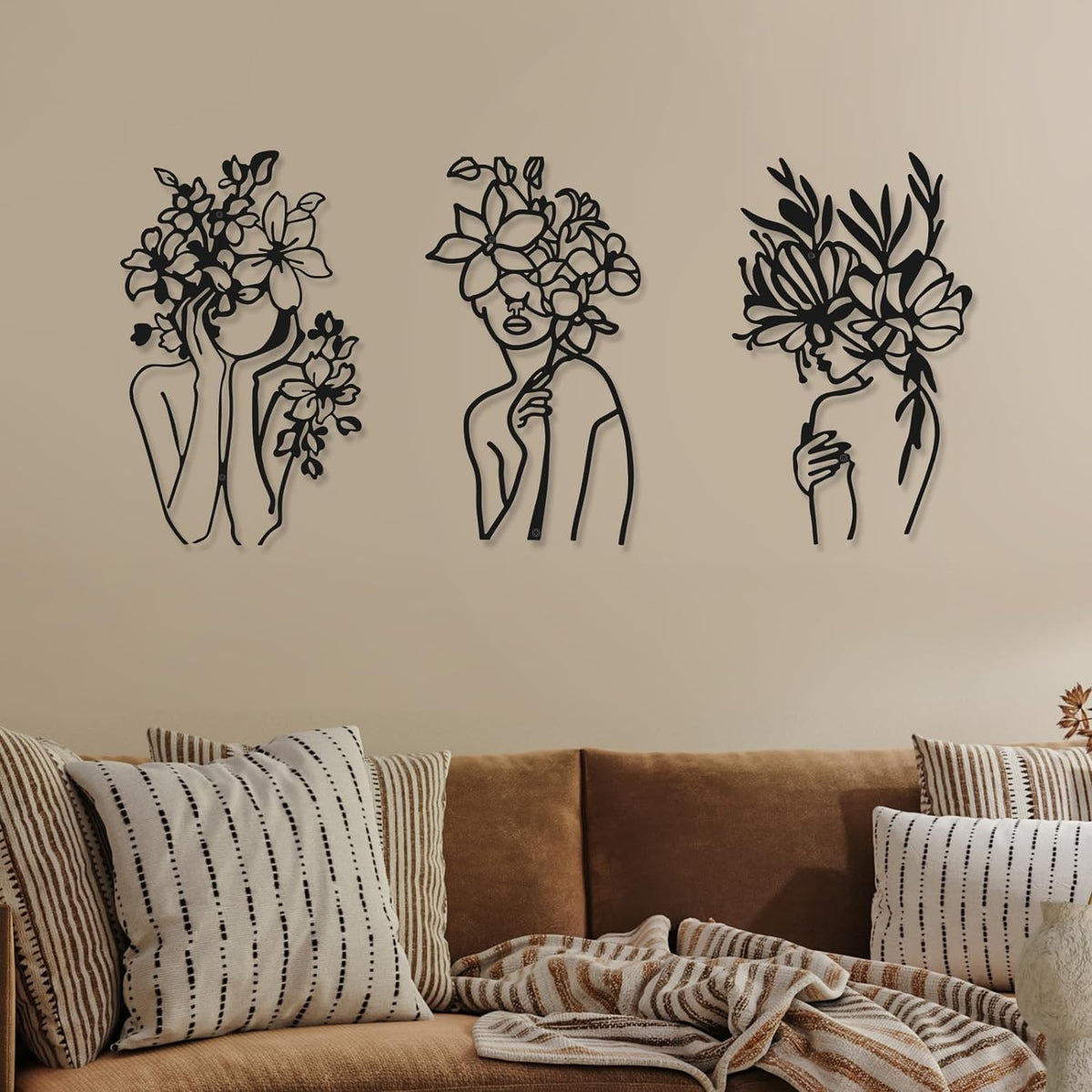 3Pcs Metal Wall Art Abstract Woman Floral Line Decor Set