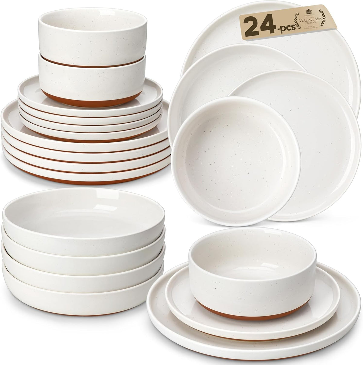 24 Piece Dinner Set Plates Bowls for 6 Stoneware Microwave Dishwasher Safe