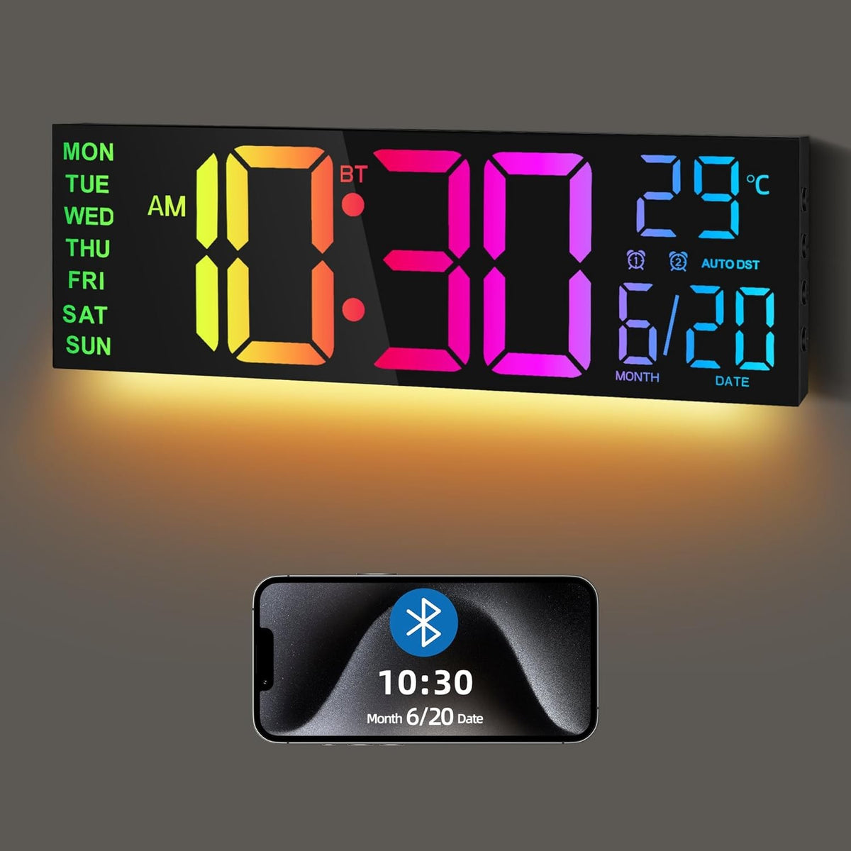 Large LED Digital Wall Clock 16.2" RGB Display Bluetooth Auto Sync Alarm Temp
