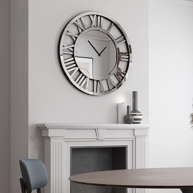 Large 80cm Silver Mirrored Wall Clock - Silent Roman Numerals, Modern Style