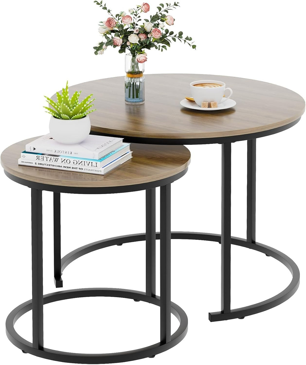 2PC Nesting Round Coffee Table Set Metal Wood Contemporary End Side Tables