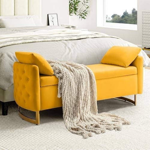 Yellow Storage Ottoman Bench with Pillows & Metal Legs - Bedroom End Seat