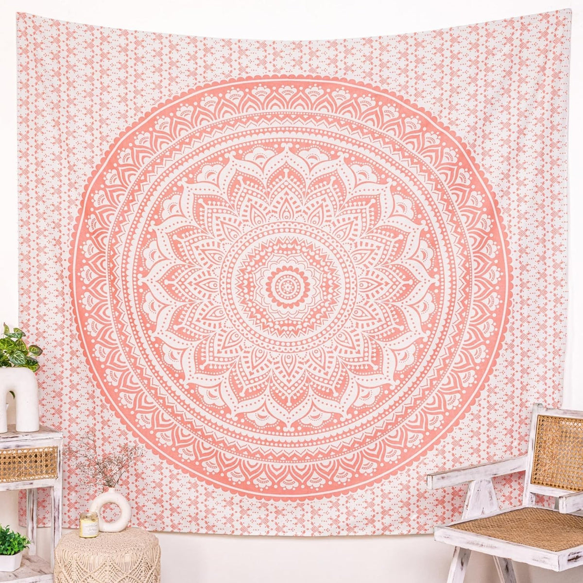 Rose Gold Mandala Tapestry 84x54in Boho Wall Hanging Cotton Decor
