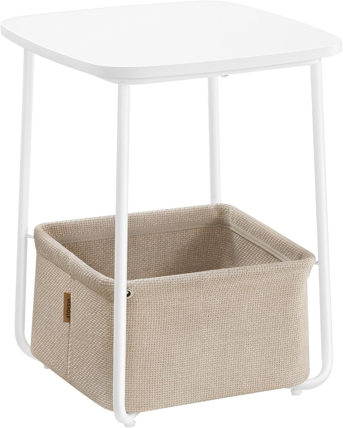 Modern White Bedside Table with Fabric Storage Basket, Small Side Table