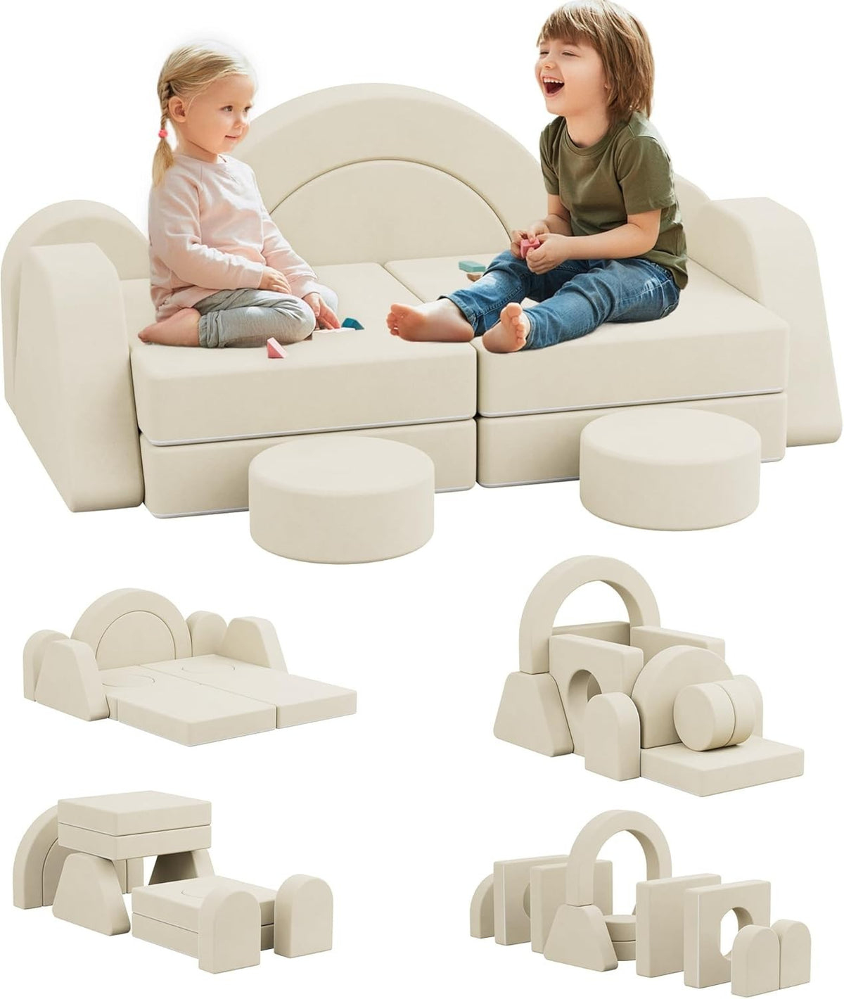 Modular Kids Play Couch Sofa Bed Foam Fort Building Set Beige