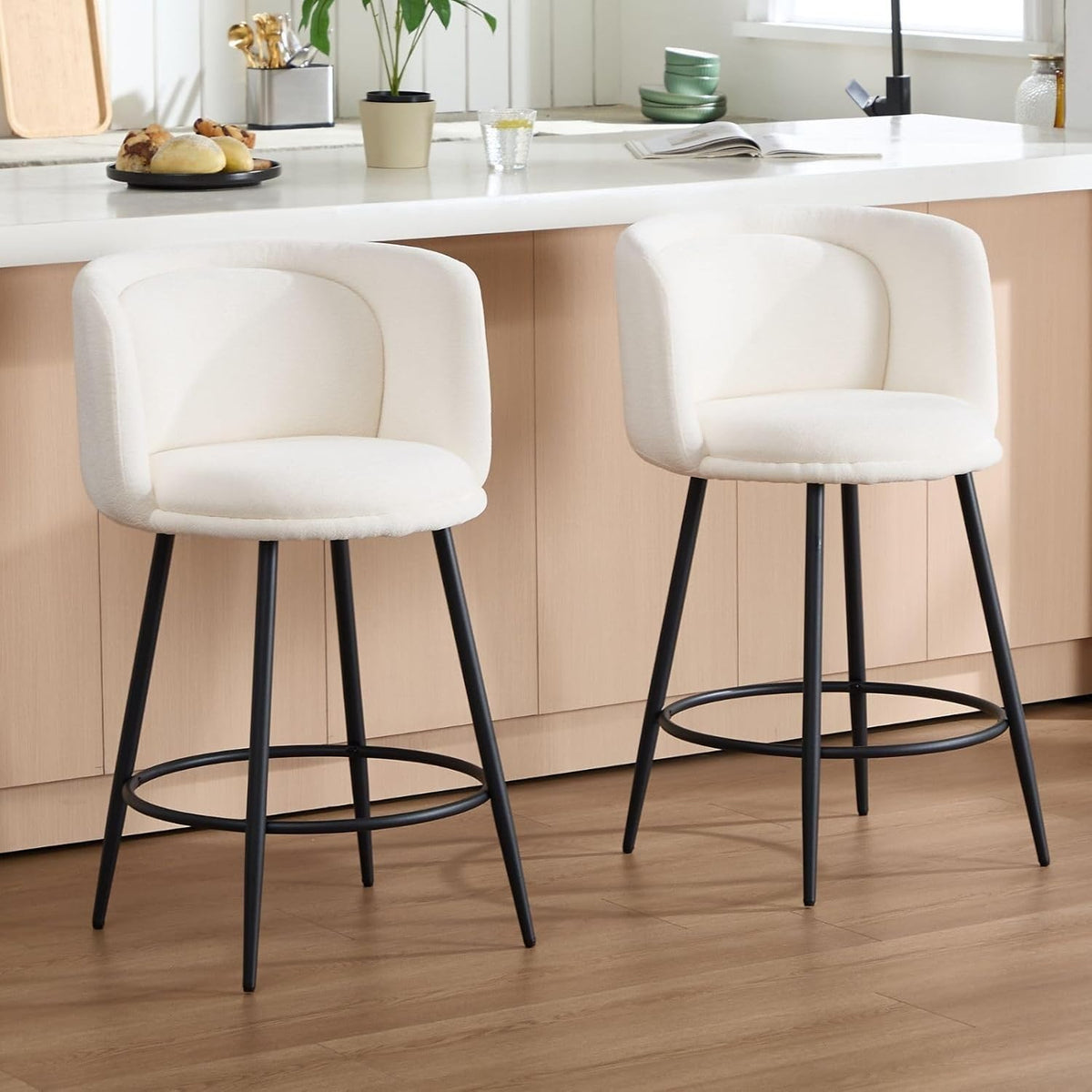 Counter Bar Stools Set of 2 | White Chenille L-Shaped Dining Chairs