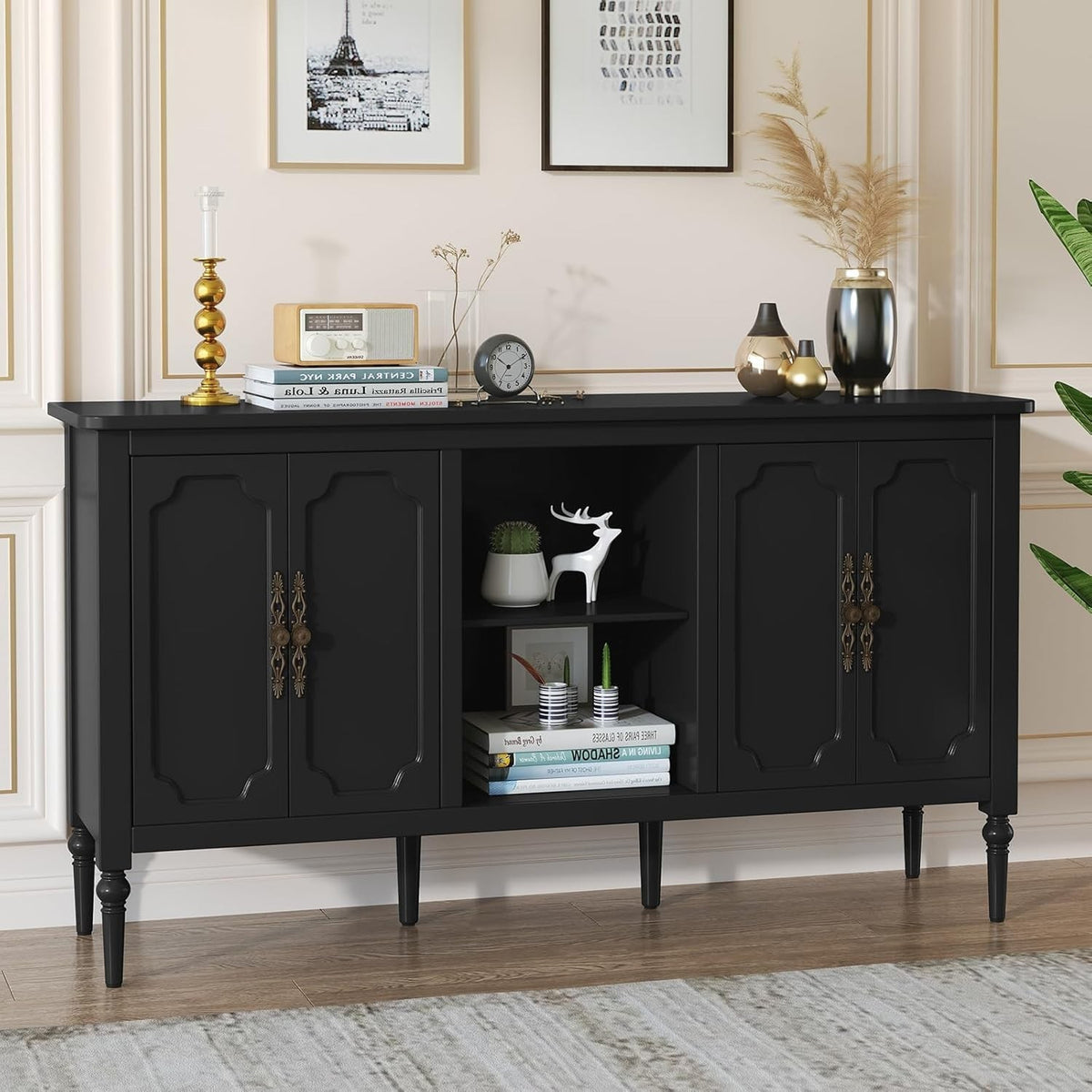 Black Wood Sideboard Cabinet 4 Door Gold Handle Buffet Storage Unit