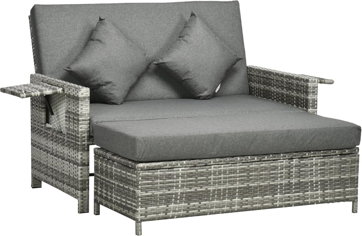 3-in-1 Mixed Grey Rattan Outdoor Daybed with Adjustable Back & Ottoman