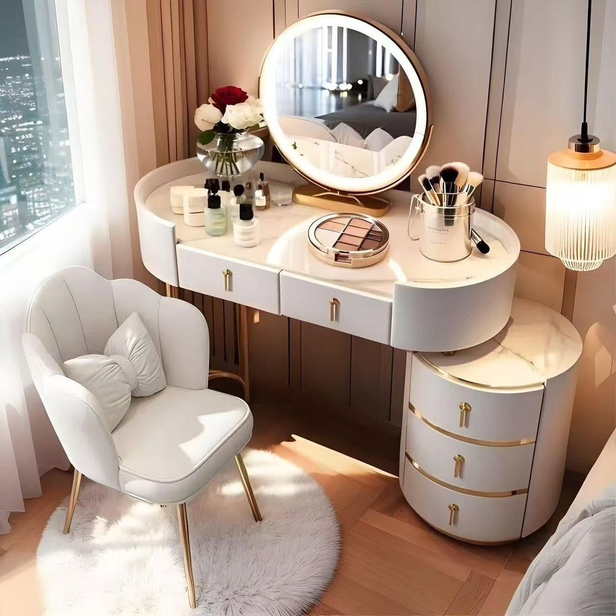 Makeup Vanity Desk 3-Color LED Mirror Marble Top Dressing Table 4 Drawers Wood