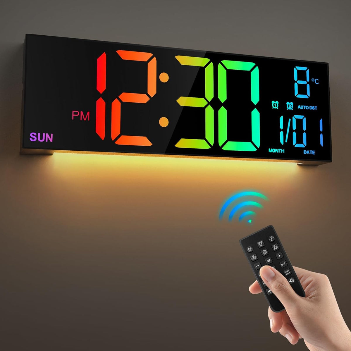 Black 16.5'' Large LED Digital Wall Clock RGB Remote Temperature Display