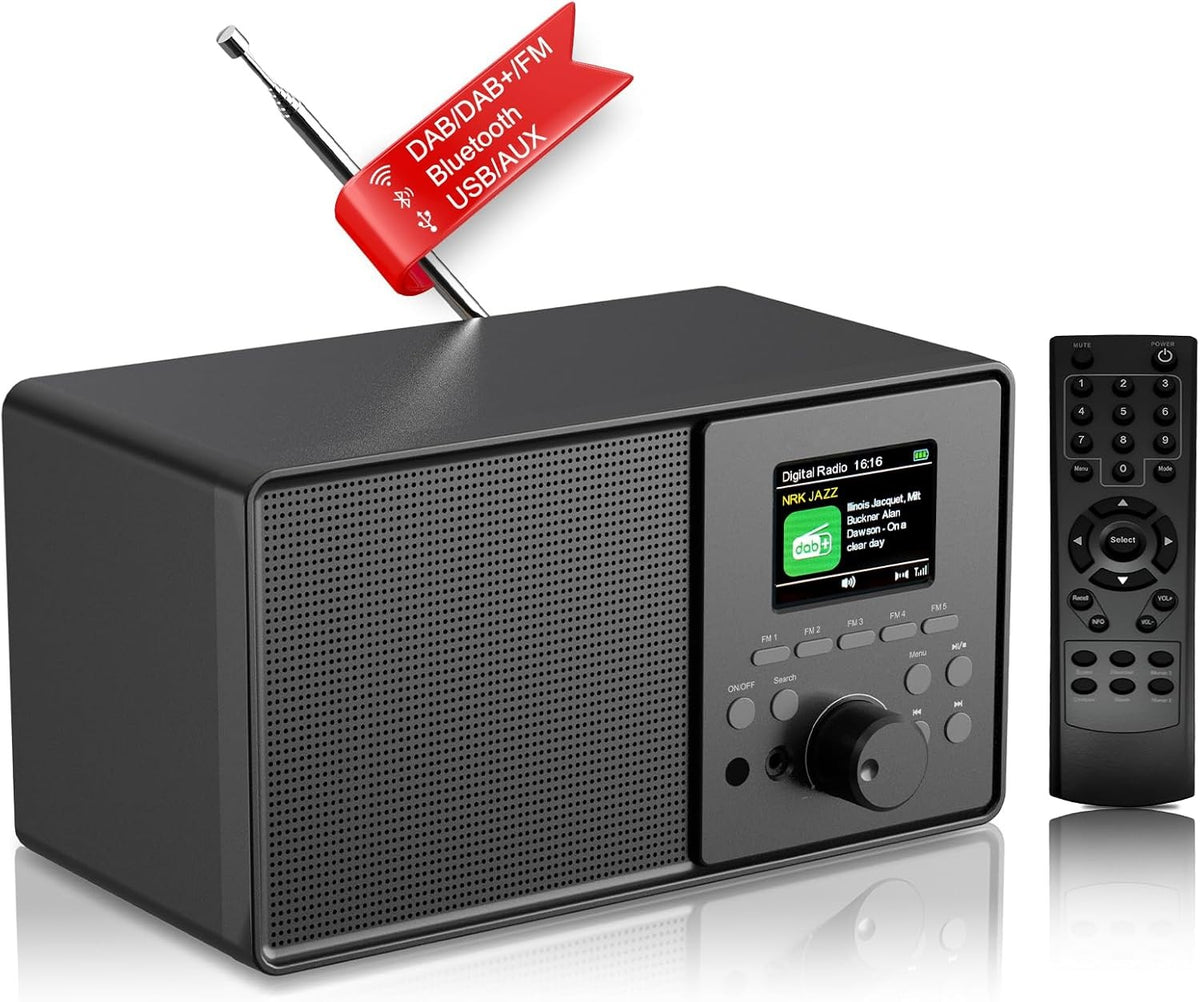 DAB DAB+ FM Digital Radio Bluetooth Alarm Remote 2.4” Color Display Black