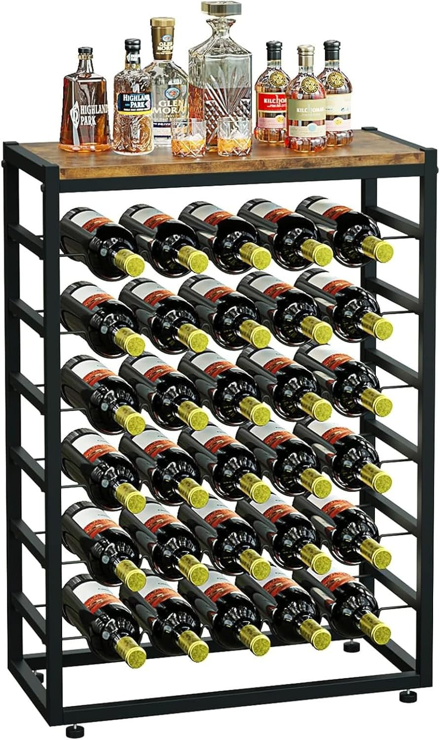 30 Bottle Wine Rack Floor Standing with Wood Top, 6-Tier Metal Wine Storage