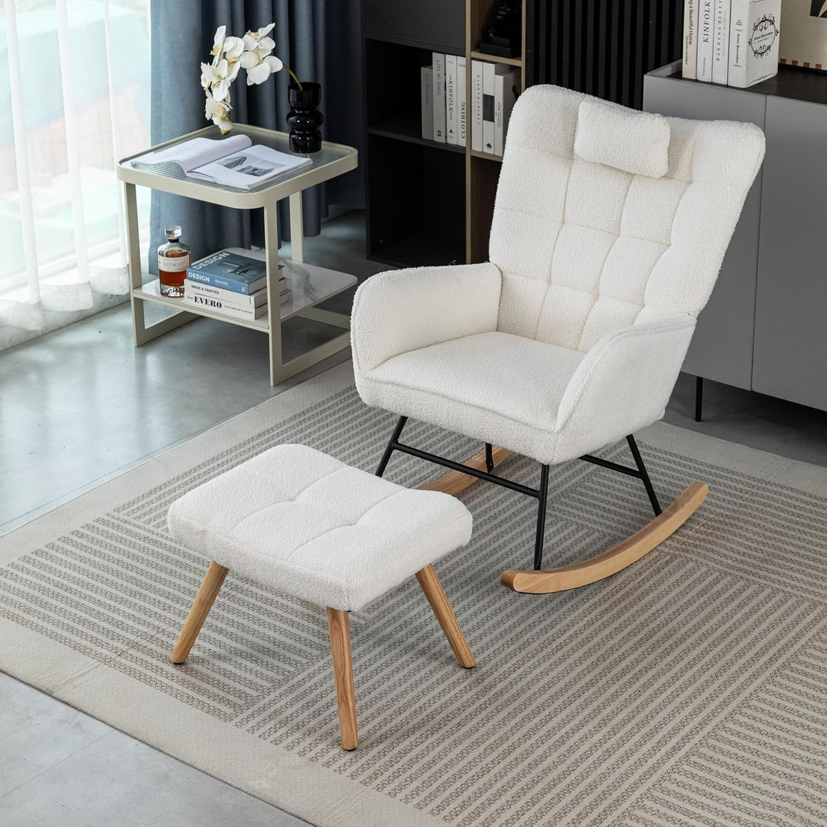 Rocking Chair with Footstool, Adjustable Recliner, Durable Wood Frame, Cozy Loun