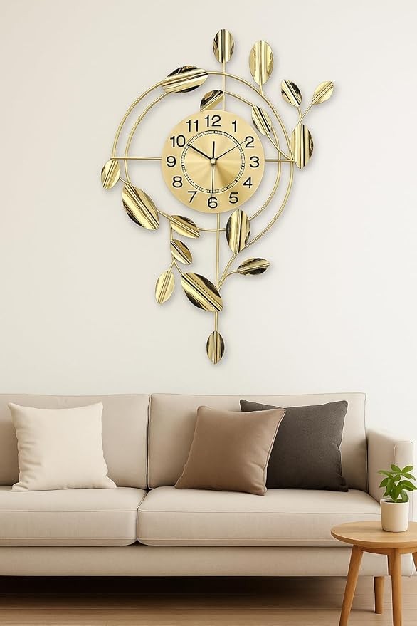 Luxury Gold Leaf Wall Clock Modern 78×48cm Silent Metal Art Decor Living Room