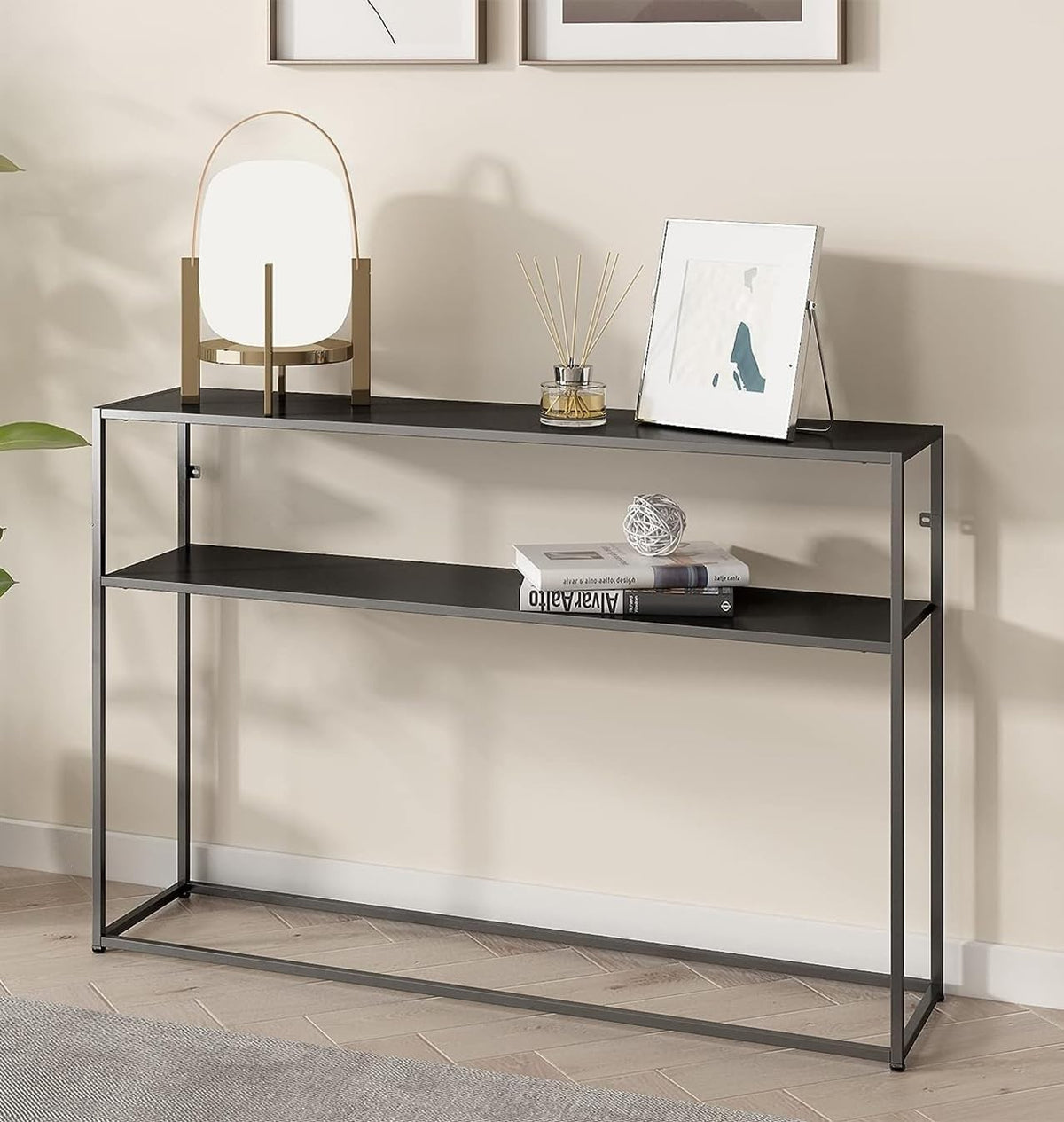 Black Metal Console Table with Shelf, Narrow Hallway Side Table, Storage