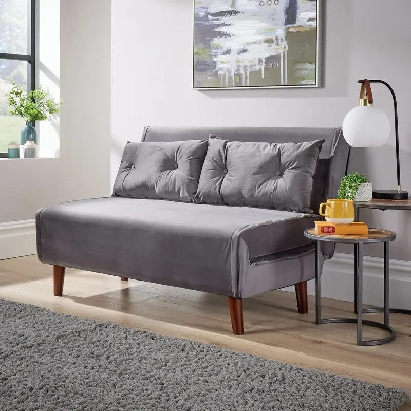 Grey Velvet Double Sofa Bed Chair with Pillows Folding Guest Sleeper