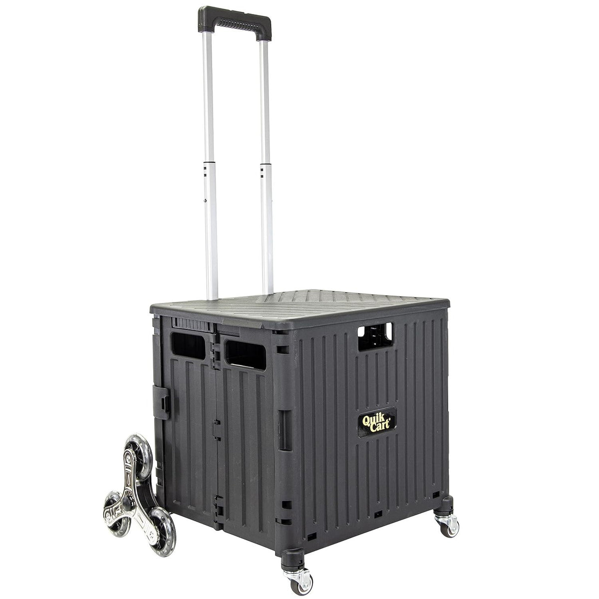 Quik Cart Stair Climber Rolling Crate with Seat – Foldable Utility Cart