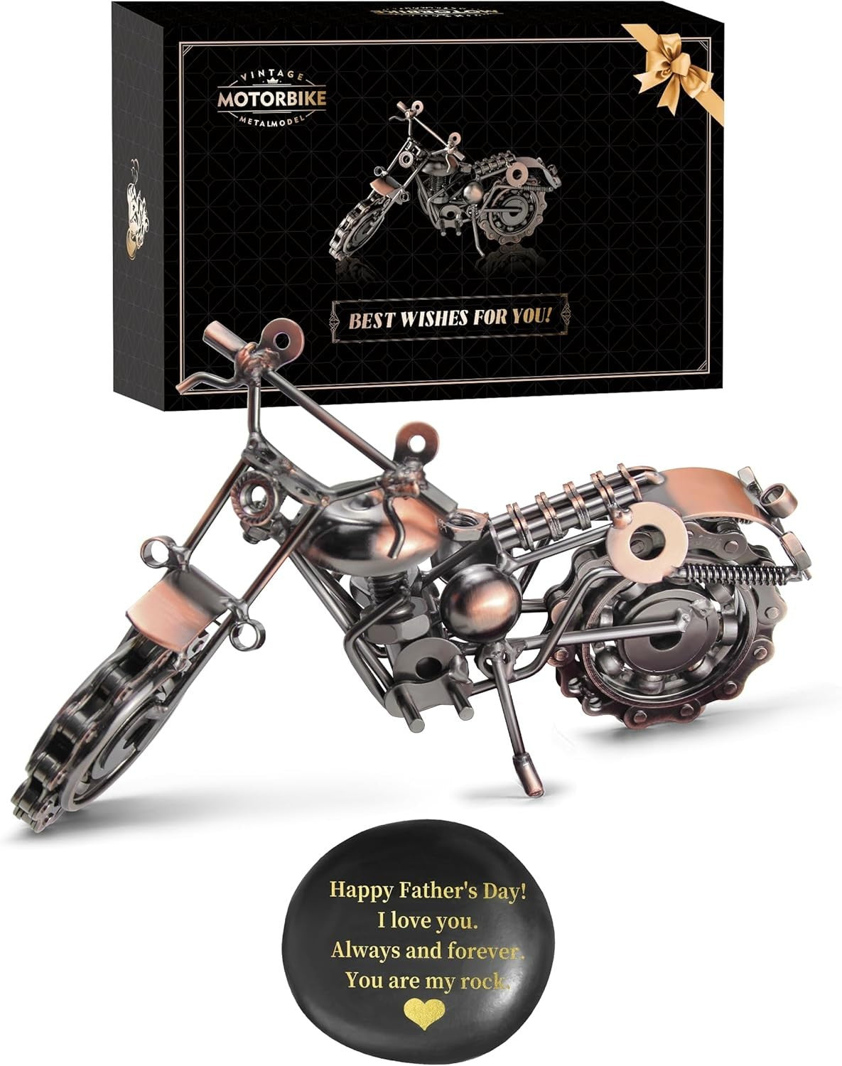 Retro Motorcycle Desk Ornament with Message Rock – Unique Gift for Dad or Him