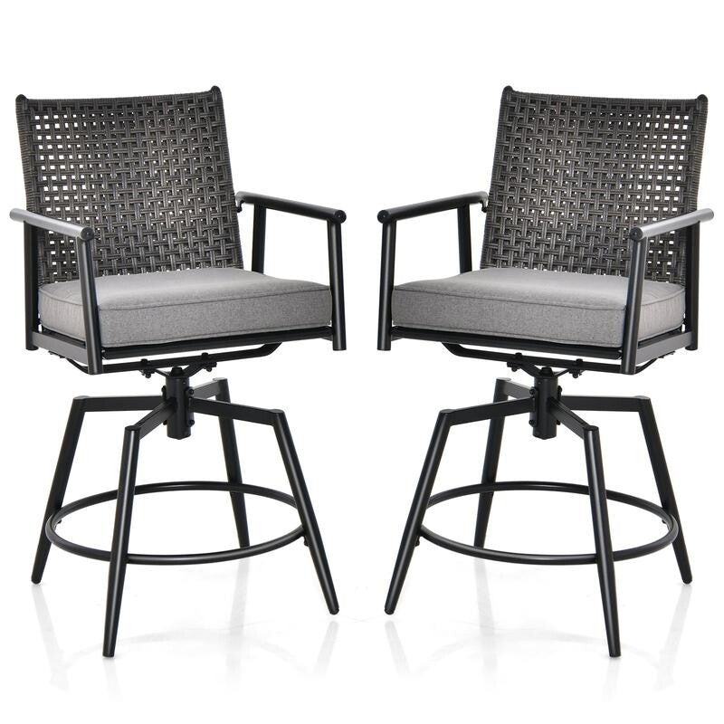 2x Outdoor Swivel Bar Stools with Cushions Rattan Garden Chairs Patio Set