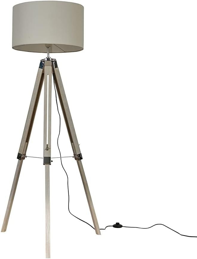 Modern Tripod Floor Lamp with Beige Drum Shade, Wood & Chrome Finish, 154cm