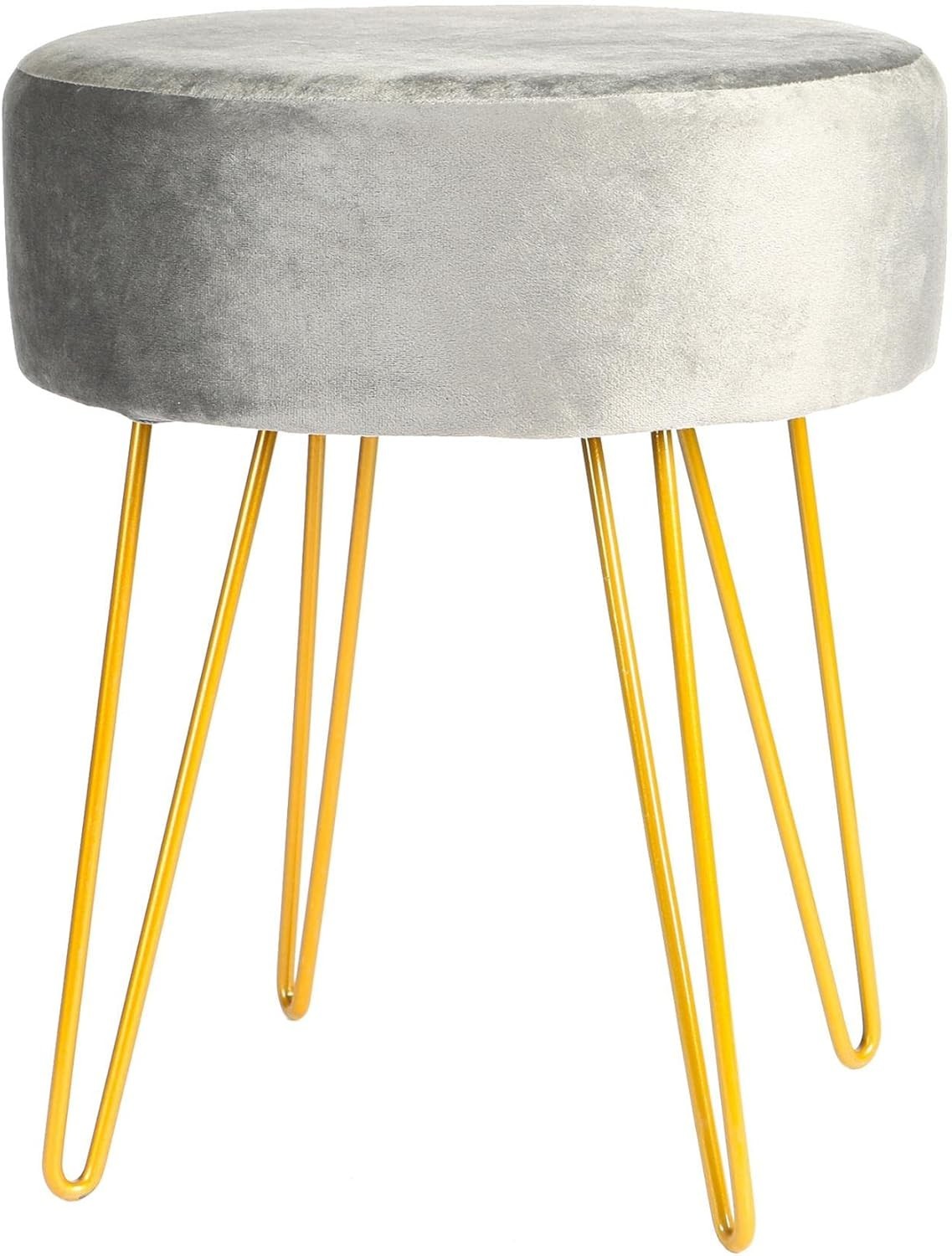 Grey Velvet Round Footstool with Gold Legs – Modern Dressing Table Pouffe