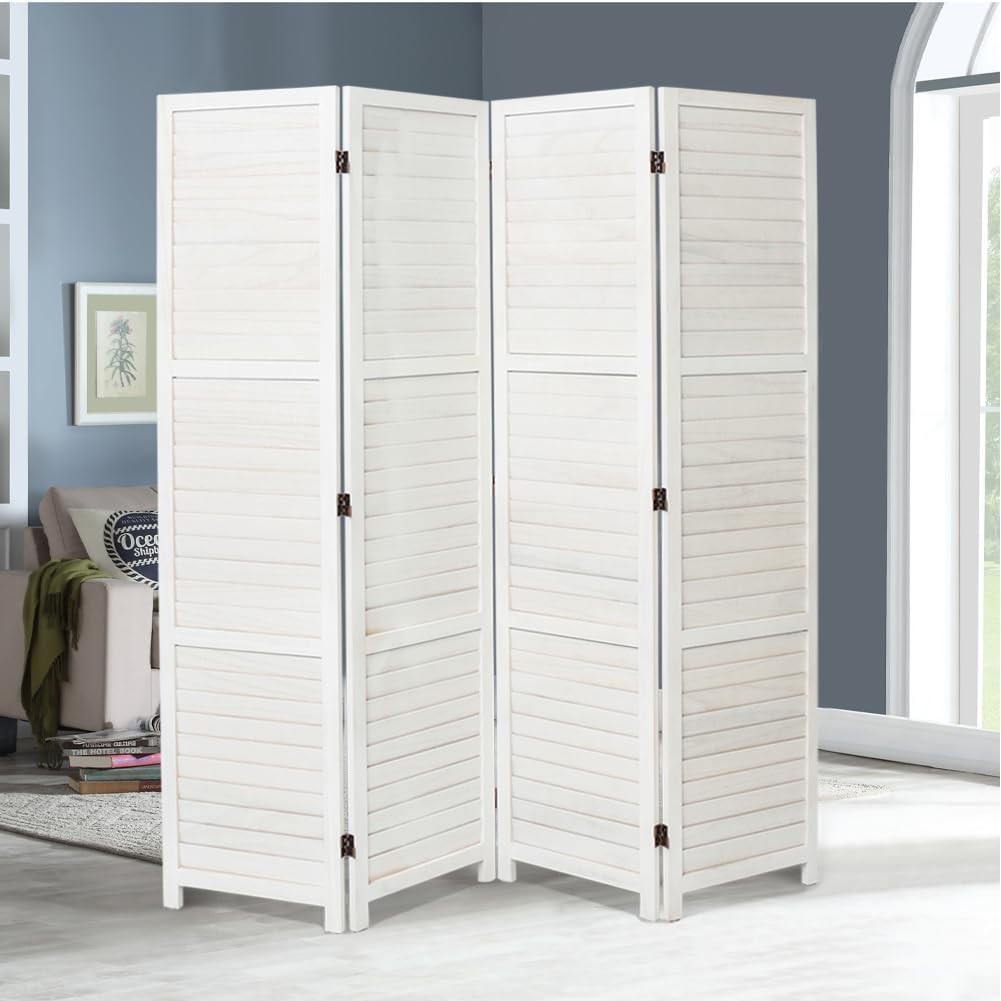 White 4 Panel Wooden Folding Room Divider Privacy Screen for Home Office 170cm
