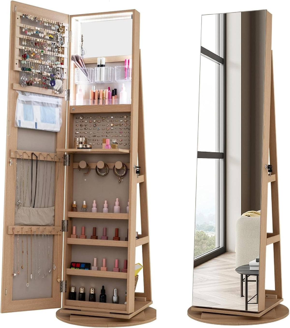 Natural Wood Rotating Jewelry Armoire LED Mirror Lockable Storage