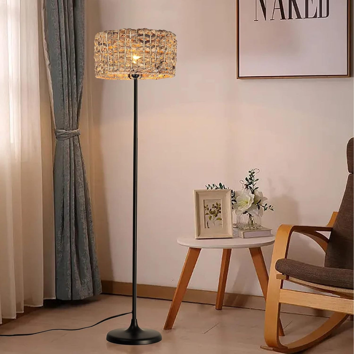 Industrial Boho Rattan Floor Lamp with Bamboo Shade & Foot Switch, 150cm