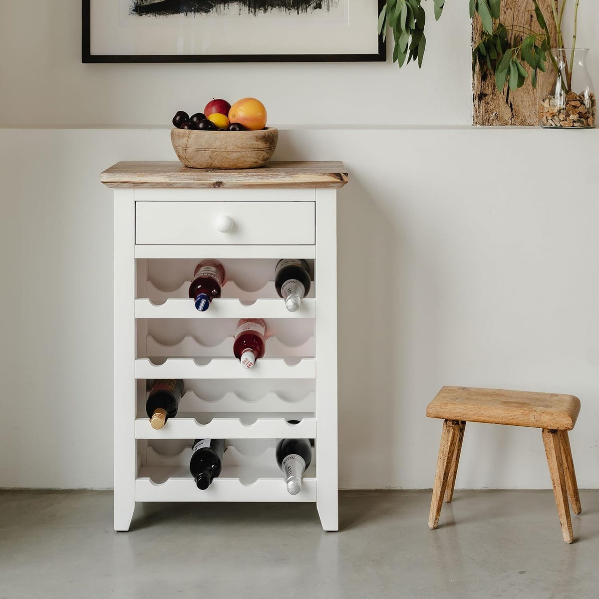 White Wine Rack Side Cabinet with Drawer | Holds 16 Bottles | Solid Wood Console