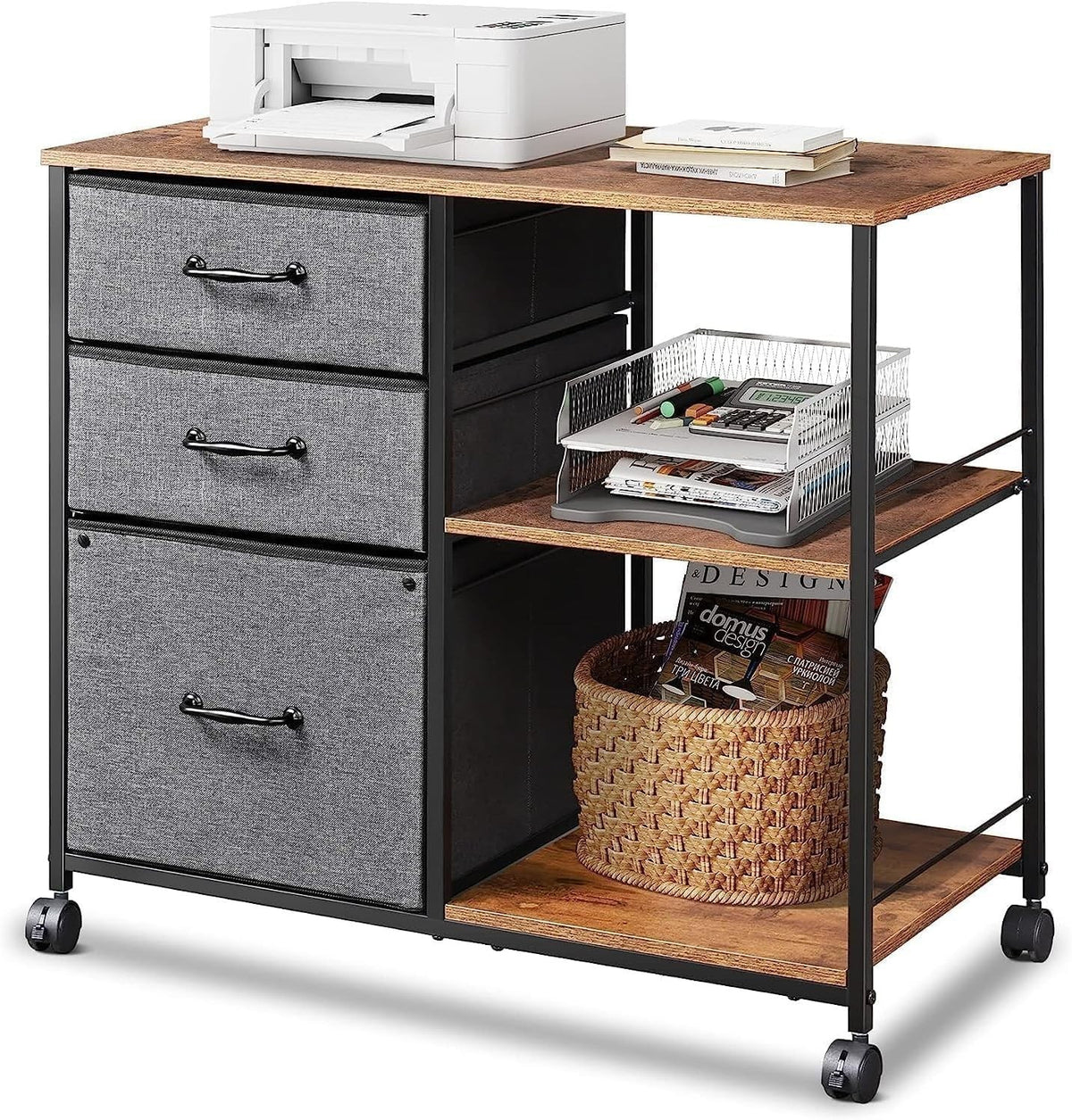 Grey Mobile File Cabinet 3 Drawer 75cm Printer Stand Storage