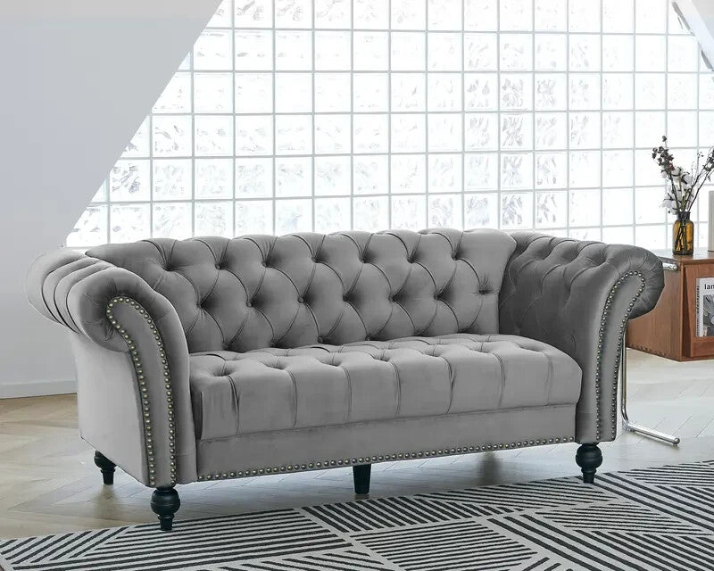 Chesterfield 3 Seater Sofa Grey Velvet | Tufted Scroll Arm Couch UK
