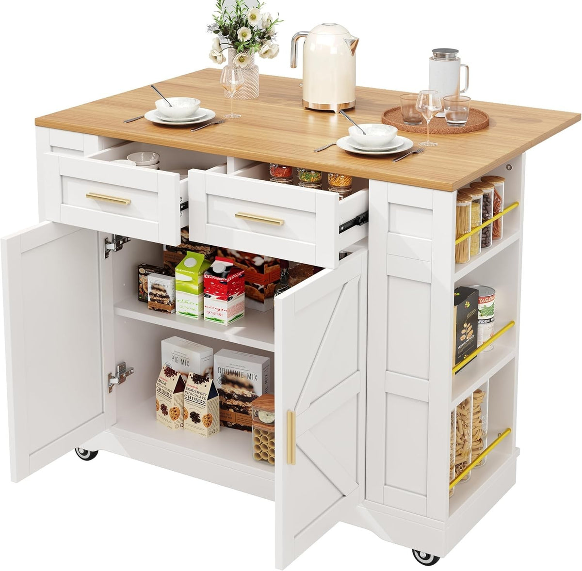 Rolling Kitchen Island with Foldable Worktop, 2 Drawers & Dual Storage Racks