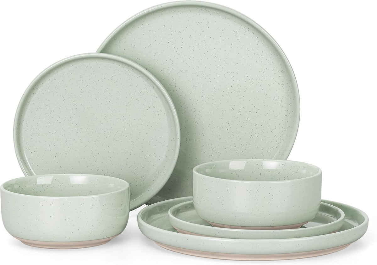 6pc Stoneware Dinnerware Set Plates Bowls Green for 2
