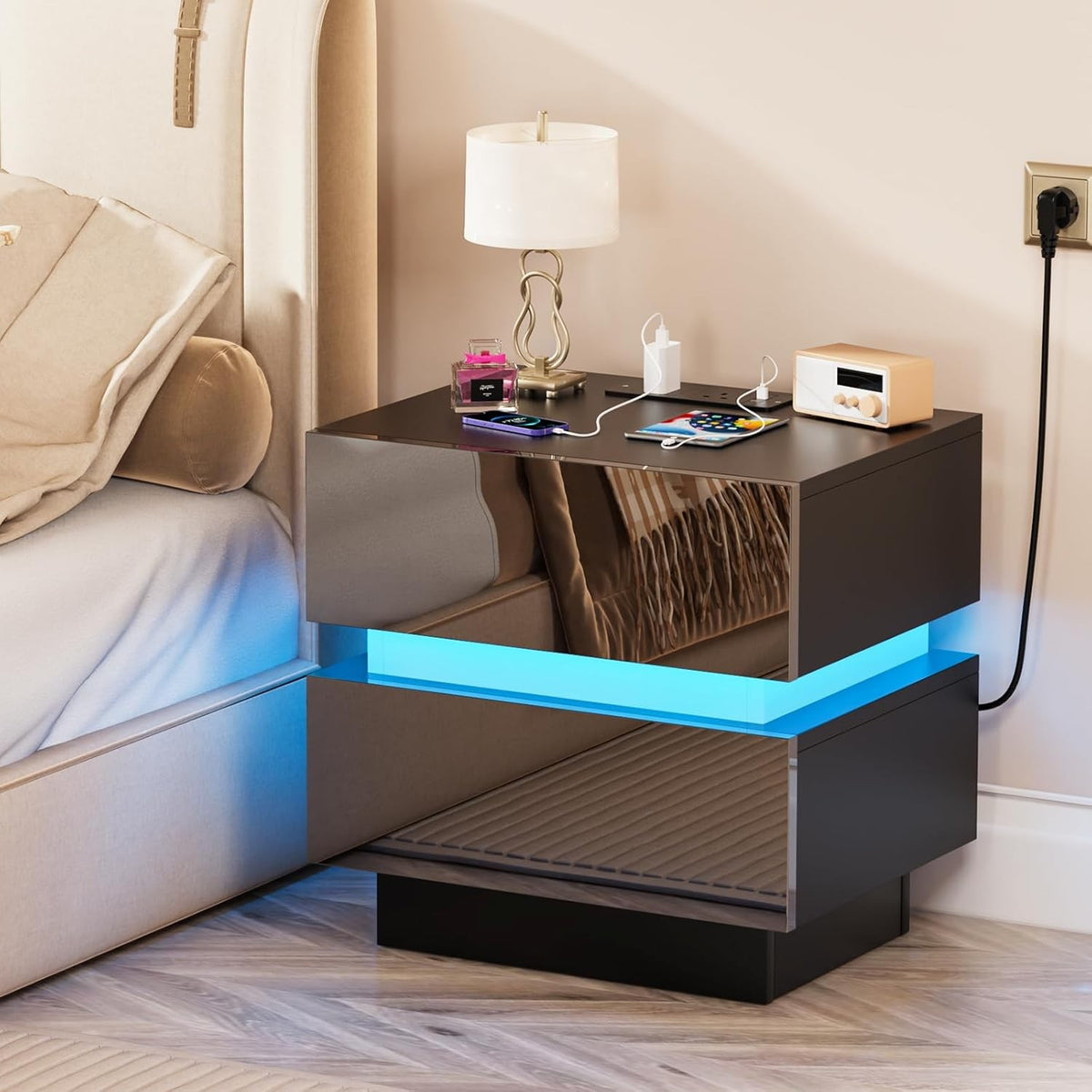 LED Bedside Table with Charging Station 2-Drawer Modern Nightstand Storage