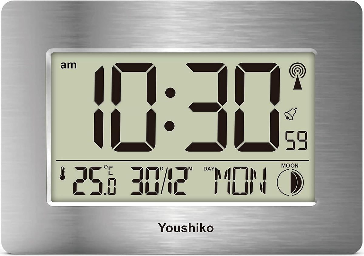 Large LCD Radio Controlled Wall Clock Silent Auto-Set Temp Day Date Display