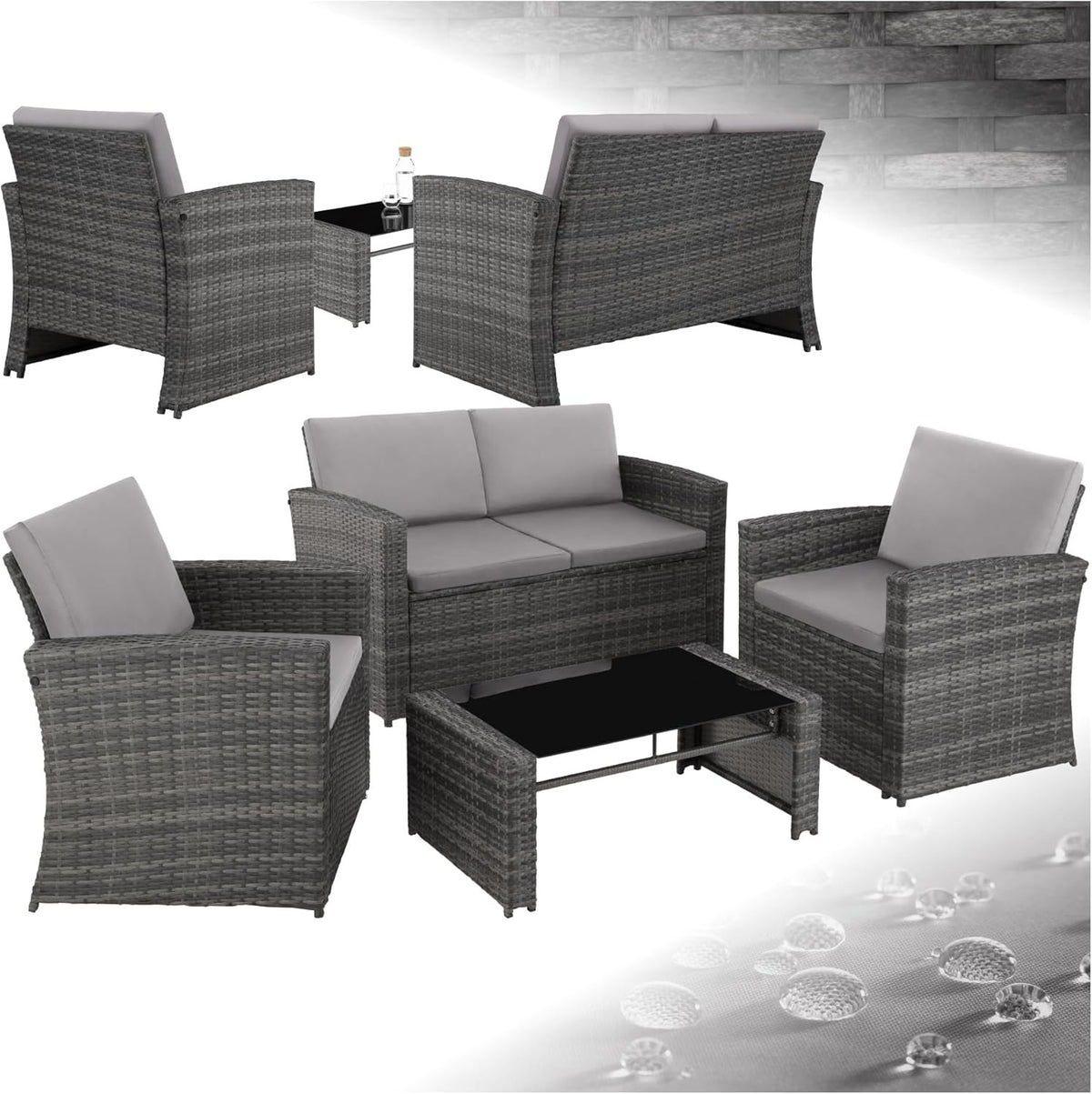 Rattan Garden Furniture Set 4 Seater Sofa Chairs Table Grey Cushions