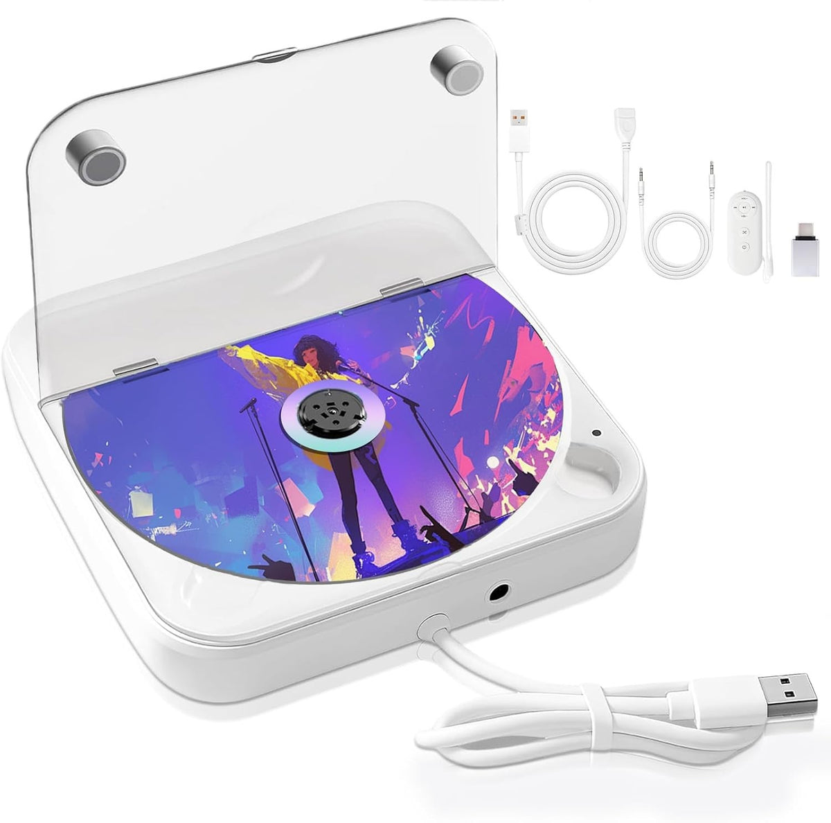 Car USB CD Player Portable Plug & Play AUX Remote Anti Vibration White