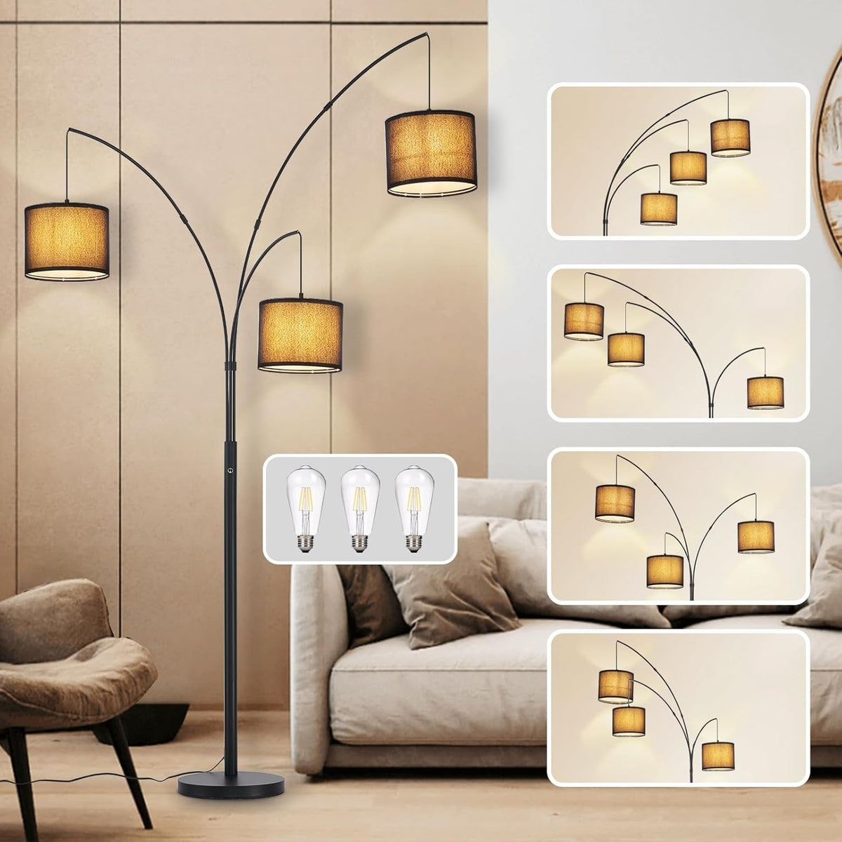 3-Light Adjustable Floor Lamp with Black Shades | Dimmable LED, Rotatable