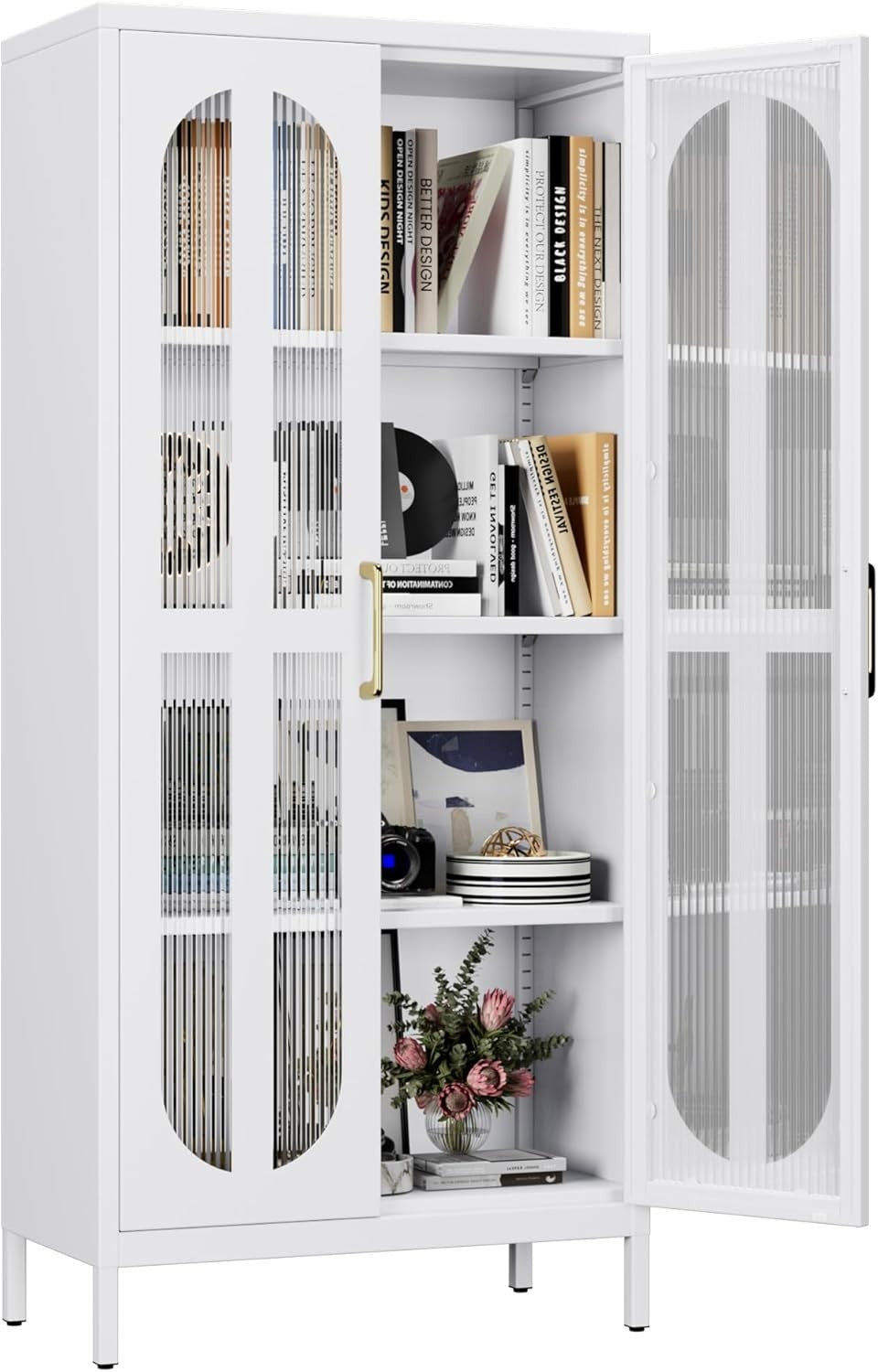 Adjustable 4-Tier Metal Storage Cabinet with Glass Doors – 155cm Tall