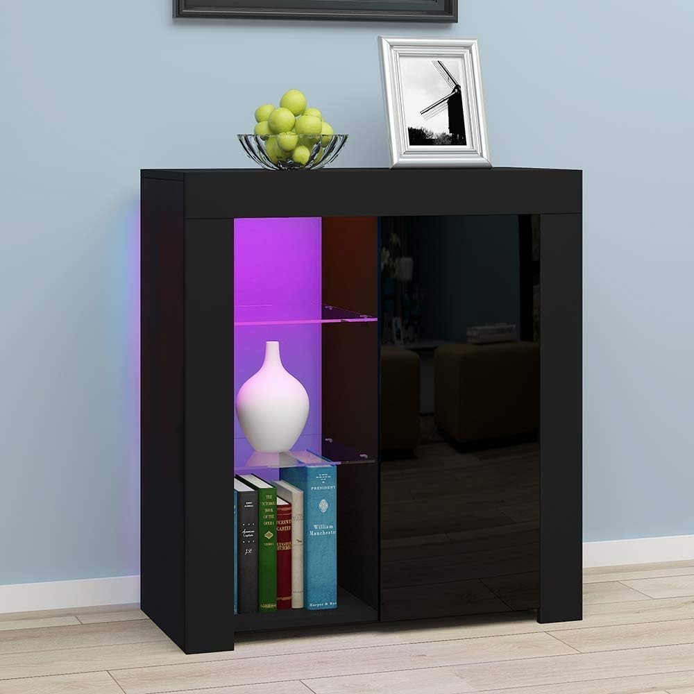 Modern Black LED Sideboard Cabinet with Glass Shelves & Storage 75x35x83cm